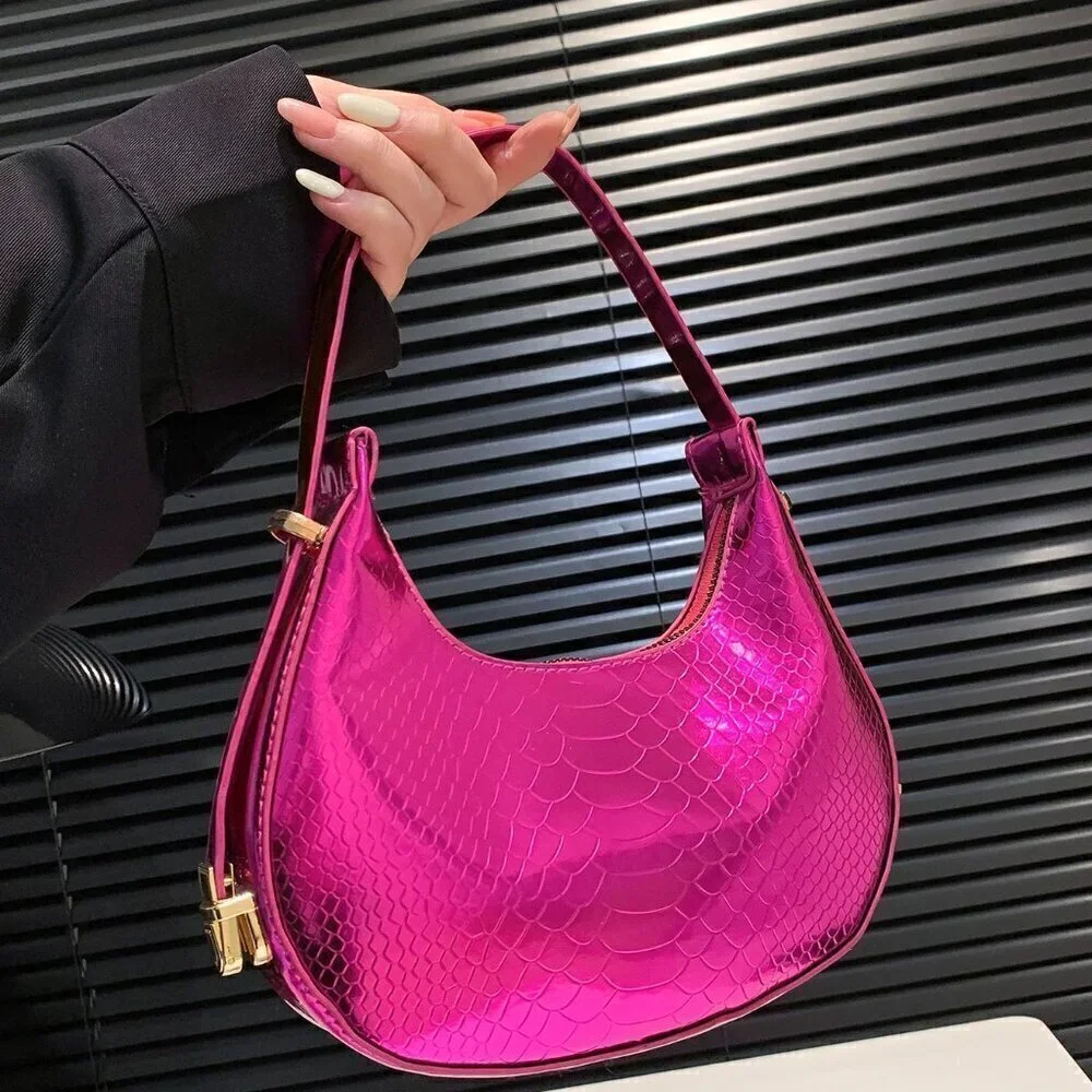 Hot Pink Elegant Women's Metallic Snakeskin Embossed Hobo Bag